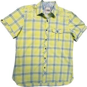 Vintage Red Button Up Casual Embroidered Short Sleeve Shirt Men L Yellow Blue